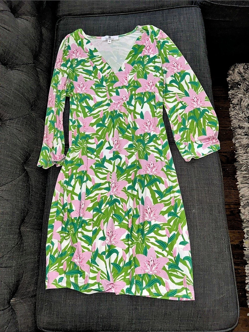 Jean Pierre Klifa Paris Floral Dress in Green & Pink Size Medium - Picture 4 of 5
